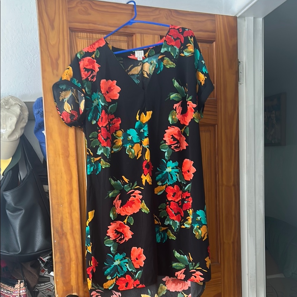 a new day Black Dress with Red and Green Floral Pattern